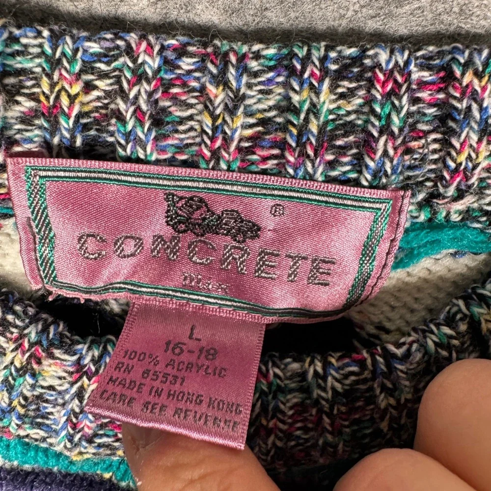 Vintage‎ Concrete Mix Women L 16-18 Sweater Geometric Knit Teal Purple Black